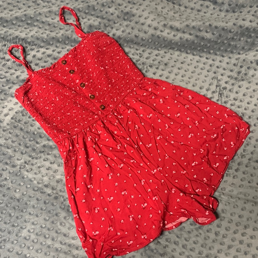 Red with flower print Hollister romper, size medium